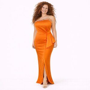 Miss Ord XL Stunning Strapless Beaded Orange Evening Gown With Side Bow & Train